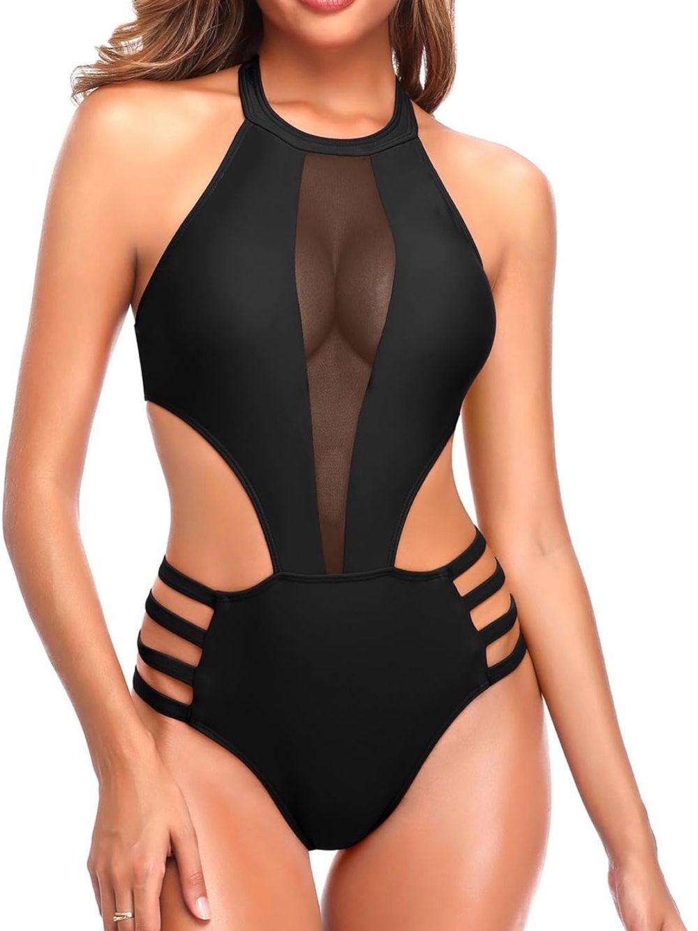 High-Neck Strappy Black One-Piece Swimsuit